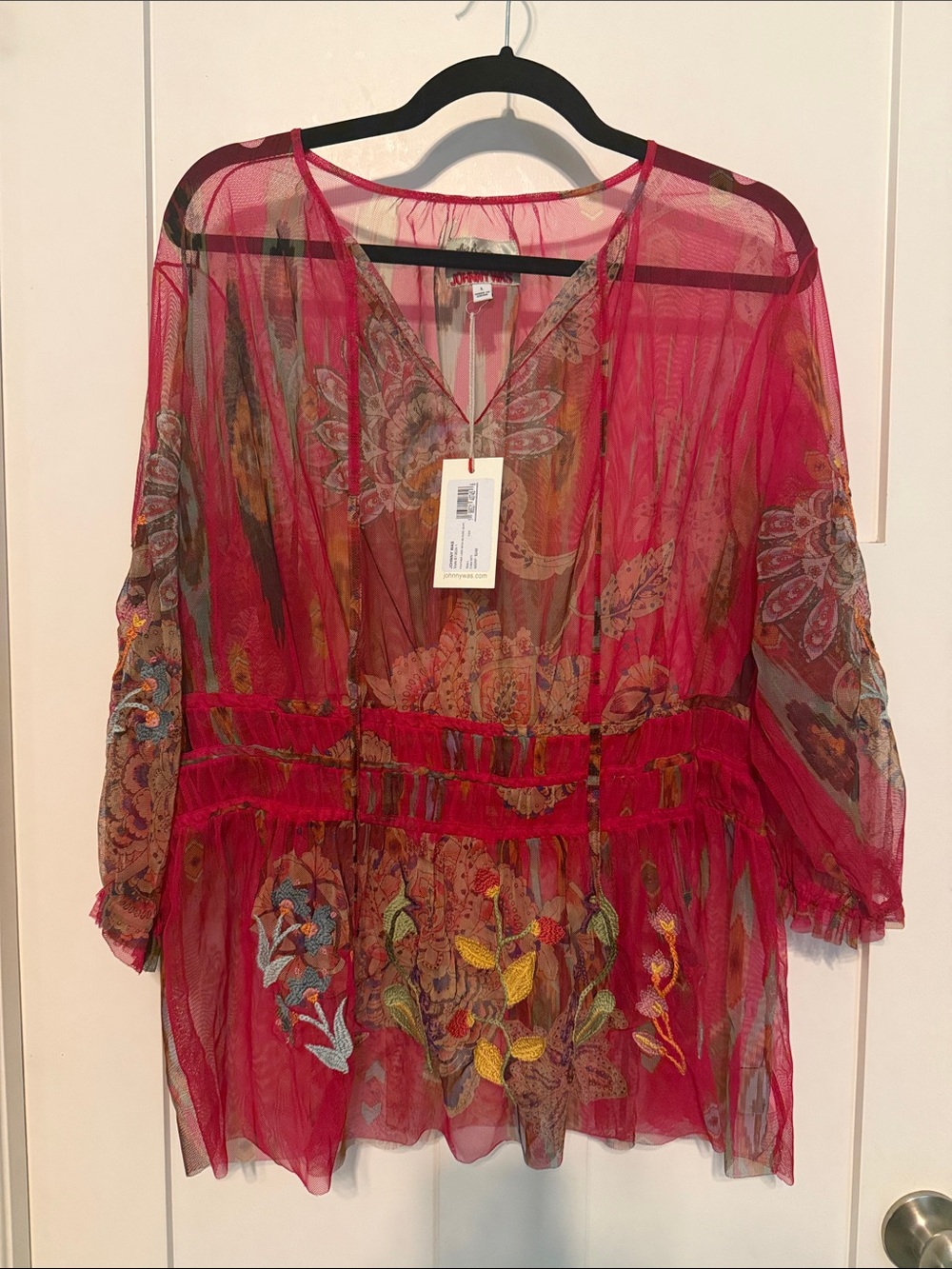 Johnny Was Red Sheer Feather Lark Embroidered V-Neck Blouse Top Size L